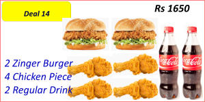 Rs 1650 Deal 14  2 Zinger Burger  4 Chicken Piece  2 Regular Drink