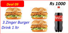 3 Zinger Burger Drink 1 ltr Rs 1000 Deal 09