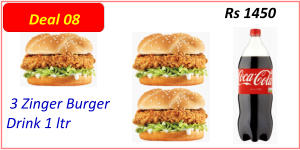 3 Zinger Burger Drink 1 ltr Rs 1450 Deal 08