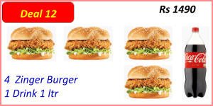 4  Zinger Burger  1 Drink 1 ltr Rs 1490 Deal 12