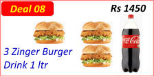 3 Zinger Burger Drink 1 ltr Rs 1450 Deal 08