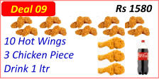10 Hot Wings   3 Chicken Piece  Drink 1 ltr  Rs 1580 Deal 09